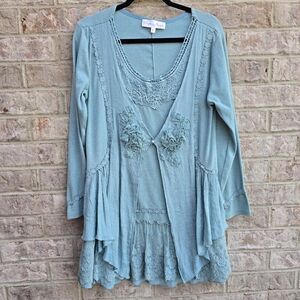 Pretty Angel Green Blue Long Sleeve Lace Trim Cottagecore Fairy Tunic Dress Sz L